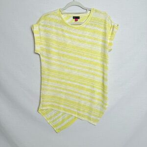 Vince Camuto Yellow & White Striped Asymmetrical Hem Tee | Women’s Small